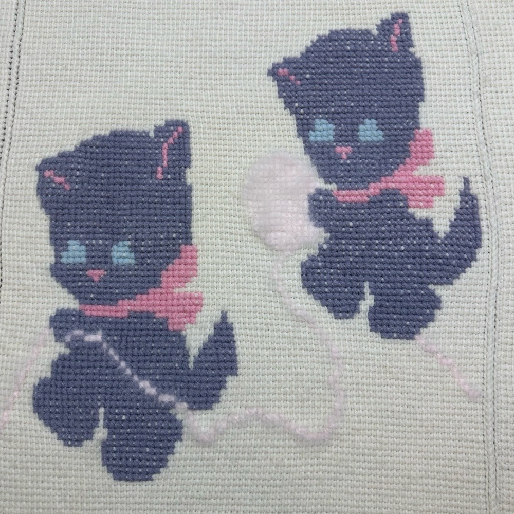 Handmade Cross Stitch Crochet Knit Baby Lap Blanket Crazy Cat Lady Cozy 42”X36”